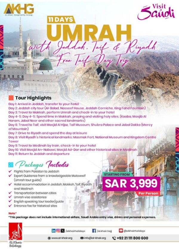 Umrah with Jeddah, Taif and Riyadh – Free Taif Day Trip